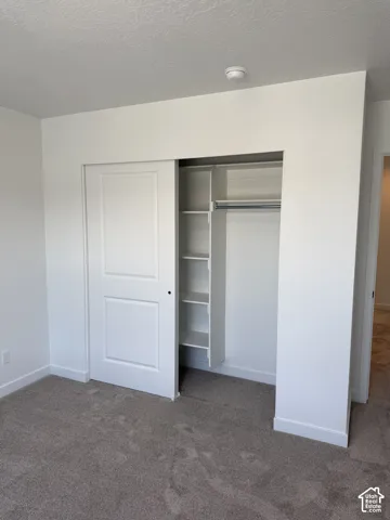 Built-in closet featuring sliding panel doors, integrated shelving, and a hanging rod, all set against a neutral wall color and carpeted flooring