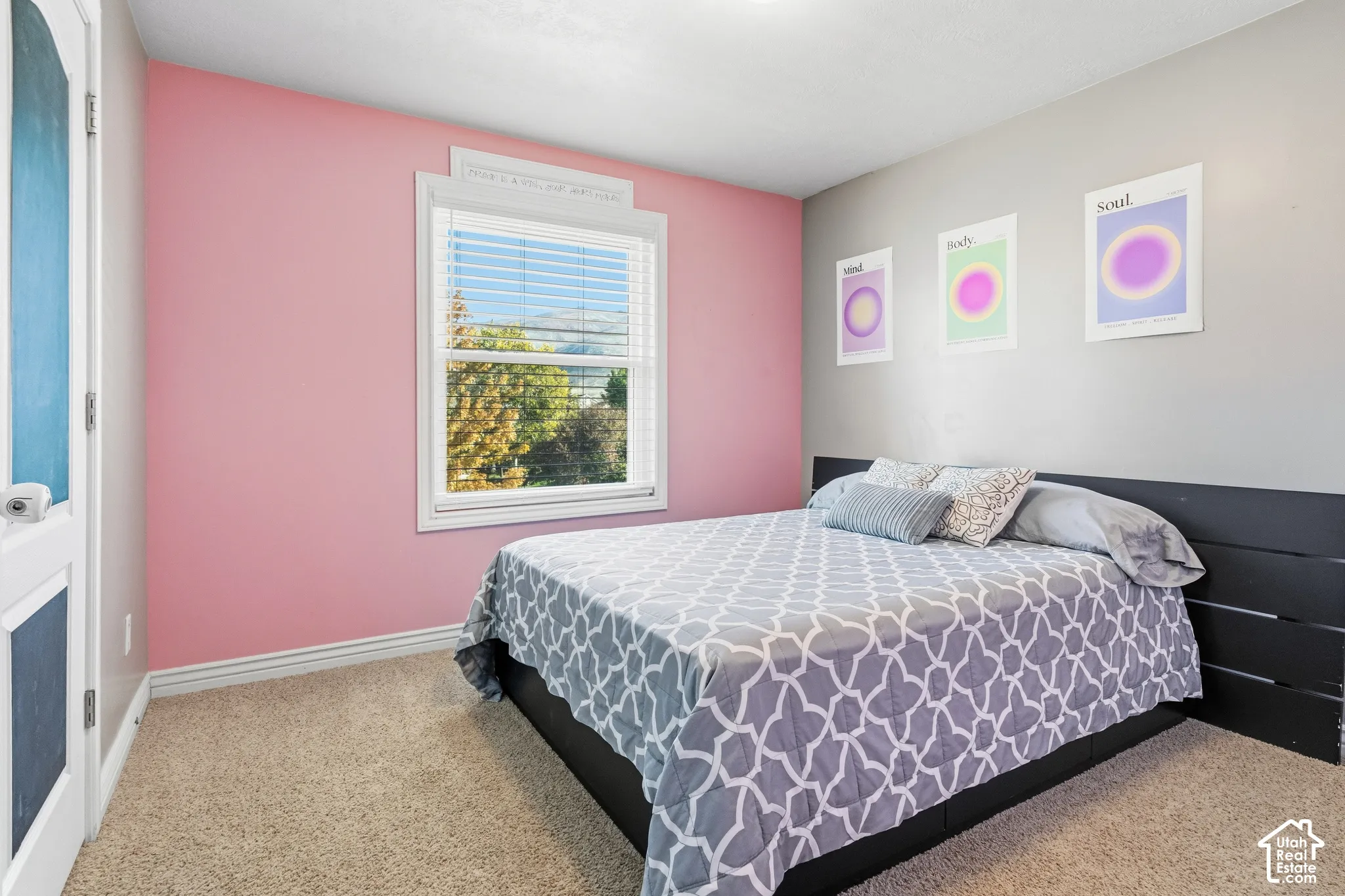 Plush carpeting, a sizable window with blinds, a white door with frosted glass, and two-tone wall finishes