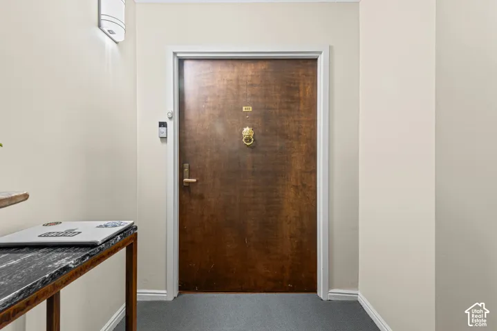 Wood-finish entry door with a decorative knocker