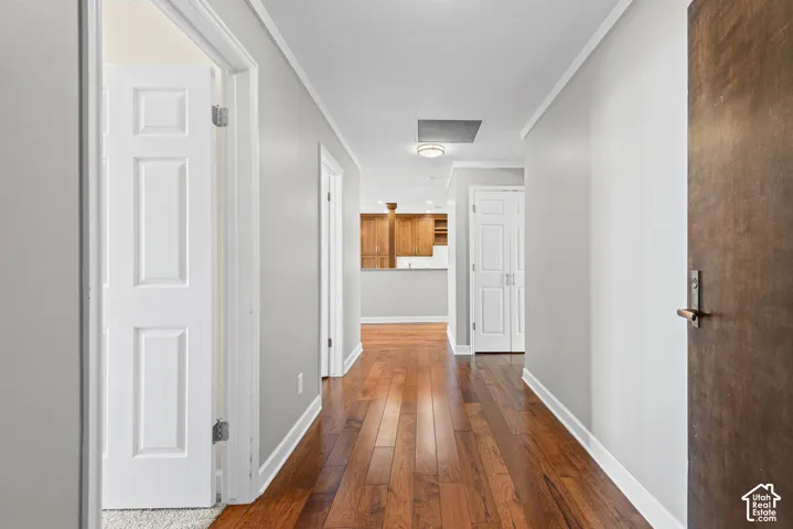 Hardwood flooring, painted walls, white trim, and overhead lighting