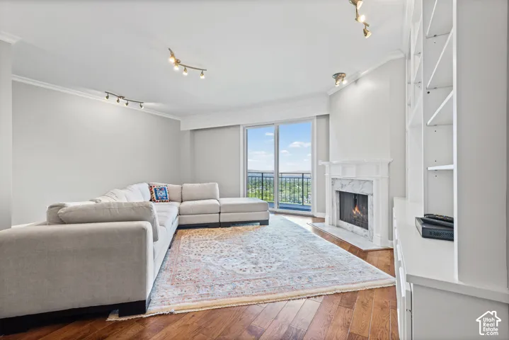 Wood-finish flooring, built-in shelving, a marble-surround fireplace, crown molding, and a sliding glass door to a balcony