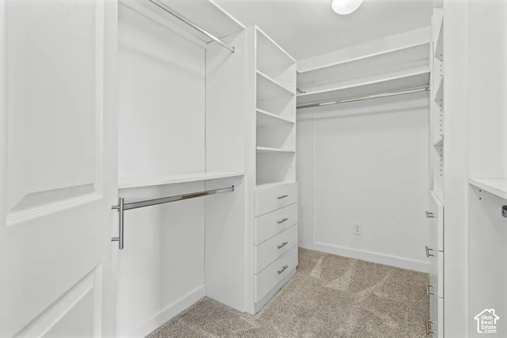 Custom closet system featuring white shelving and drawers, multiple hanging rods, and carpet flooring