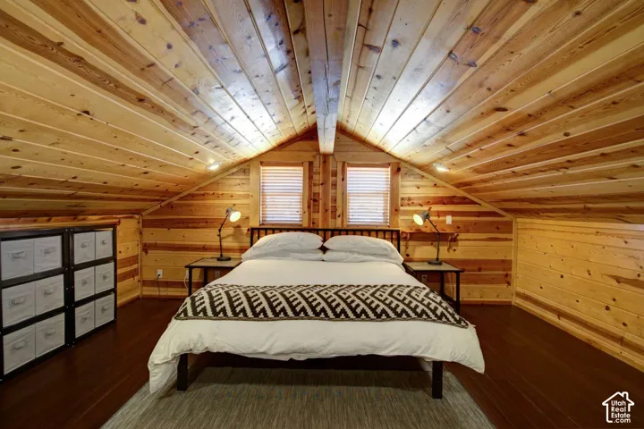 Vaulted wood-paneled ceiling, wood-plank walls, rich wood-finish flooring, and recessed lighting