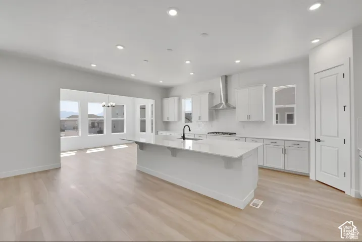 Open concept kitchen with white cabinetry and a central island