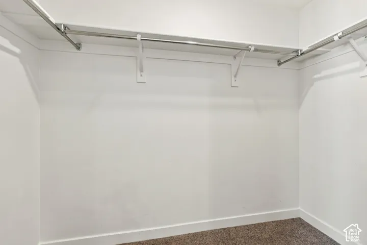 Built-in shelving and hanging rods in a walk-in closet with neutral carpeting