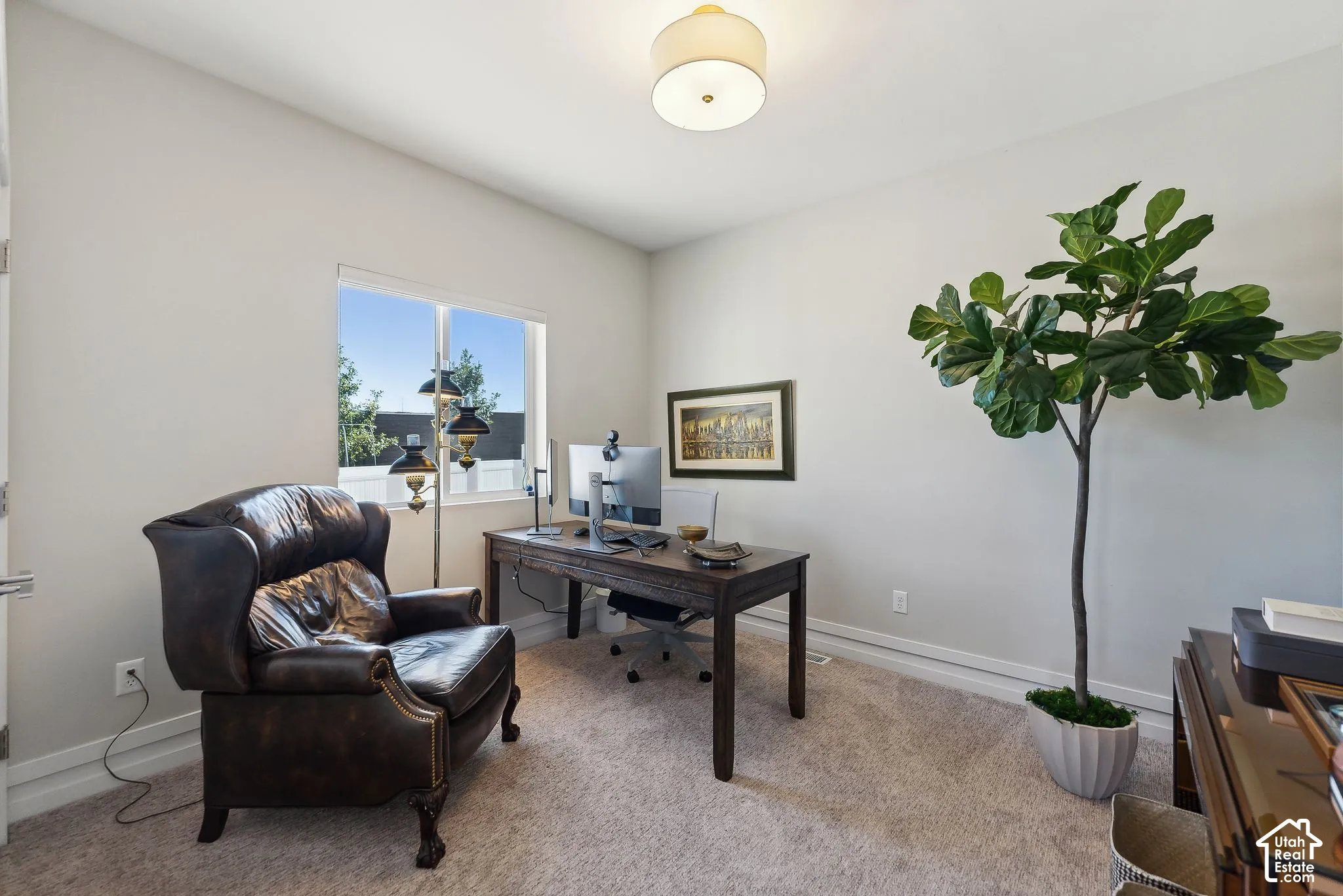 Recessed lighting with a semi-flush mount fixture, carpeted flooring, and white trim