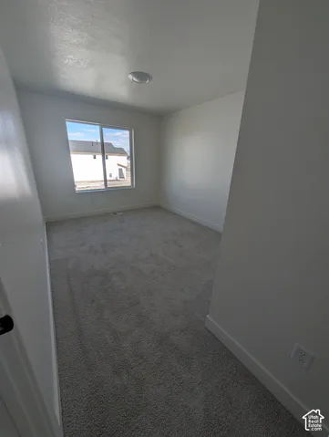 Carpeted flooring, white painted walls, single window, flush-mount ceiling light