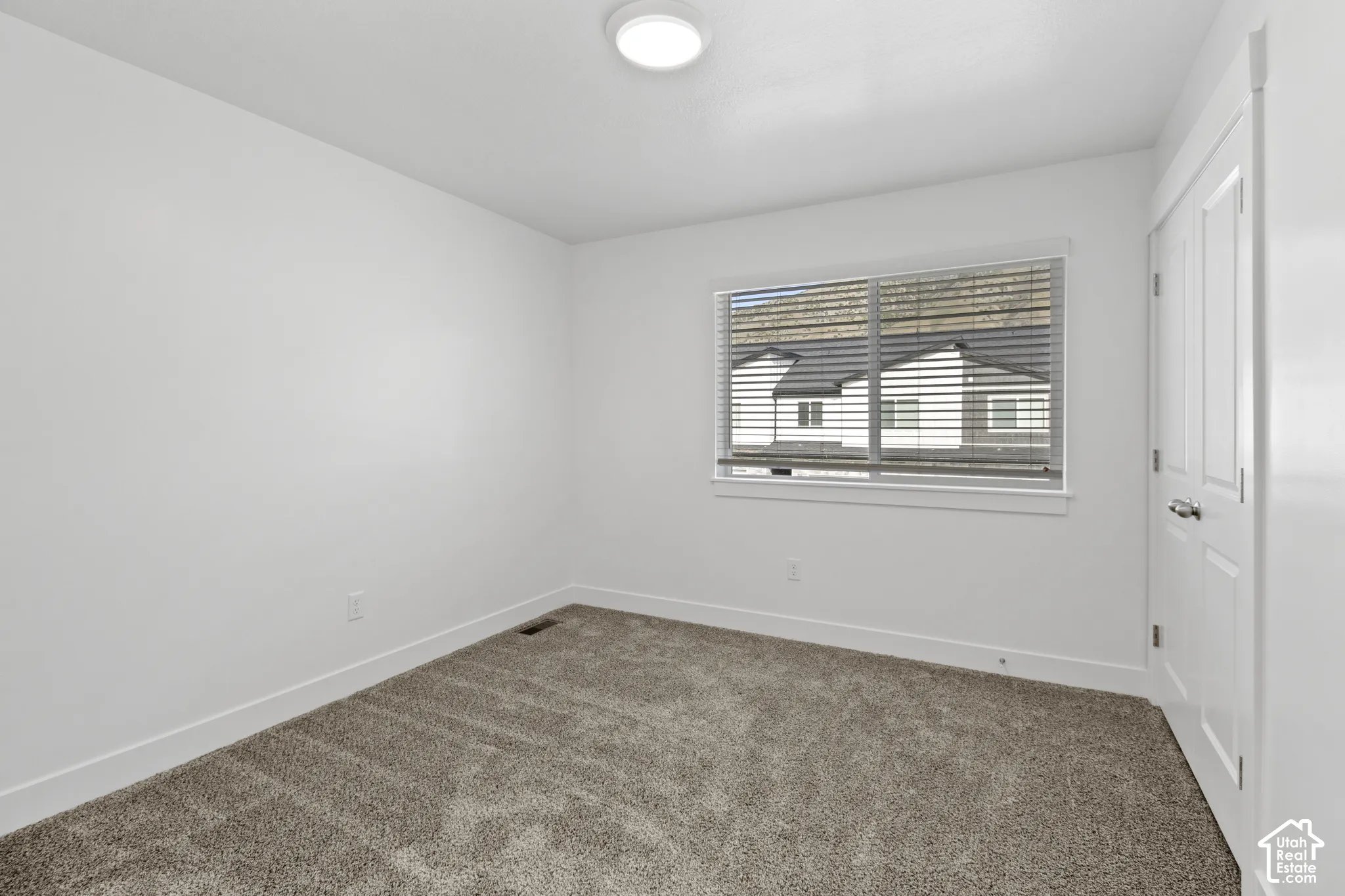 Plush carpet flooring, bright white walls, a single window with blinds, and a paneled door with a silver handle