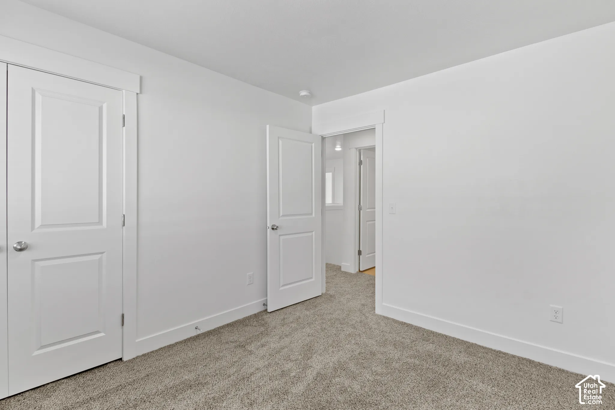 Neutral wall finishes, plush carpeting, white trim, and white paneled doors