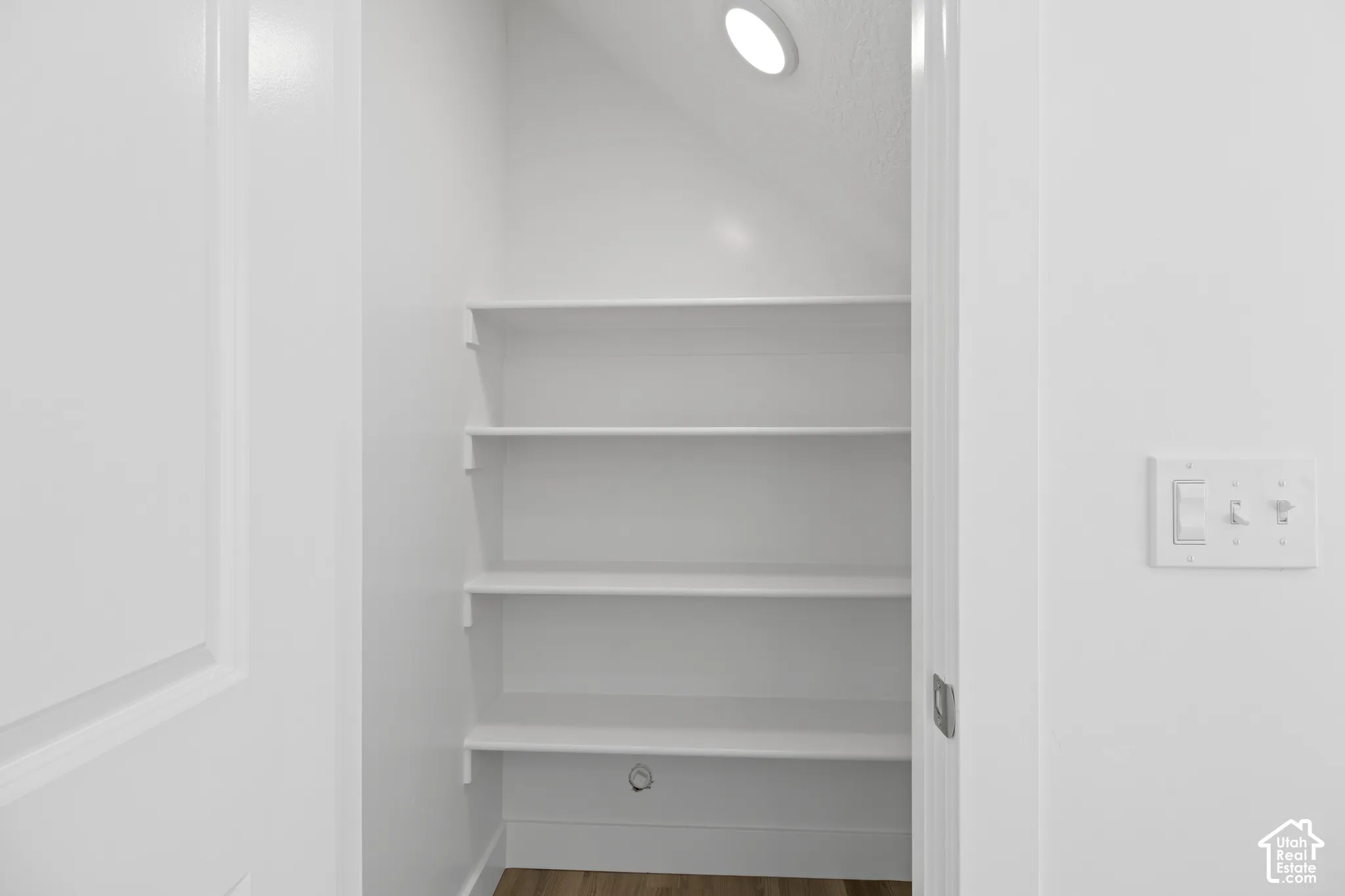 Built-in shelving, recessed ceiling lighting, and wood-finish flooring