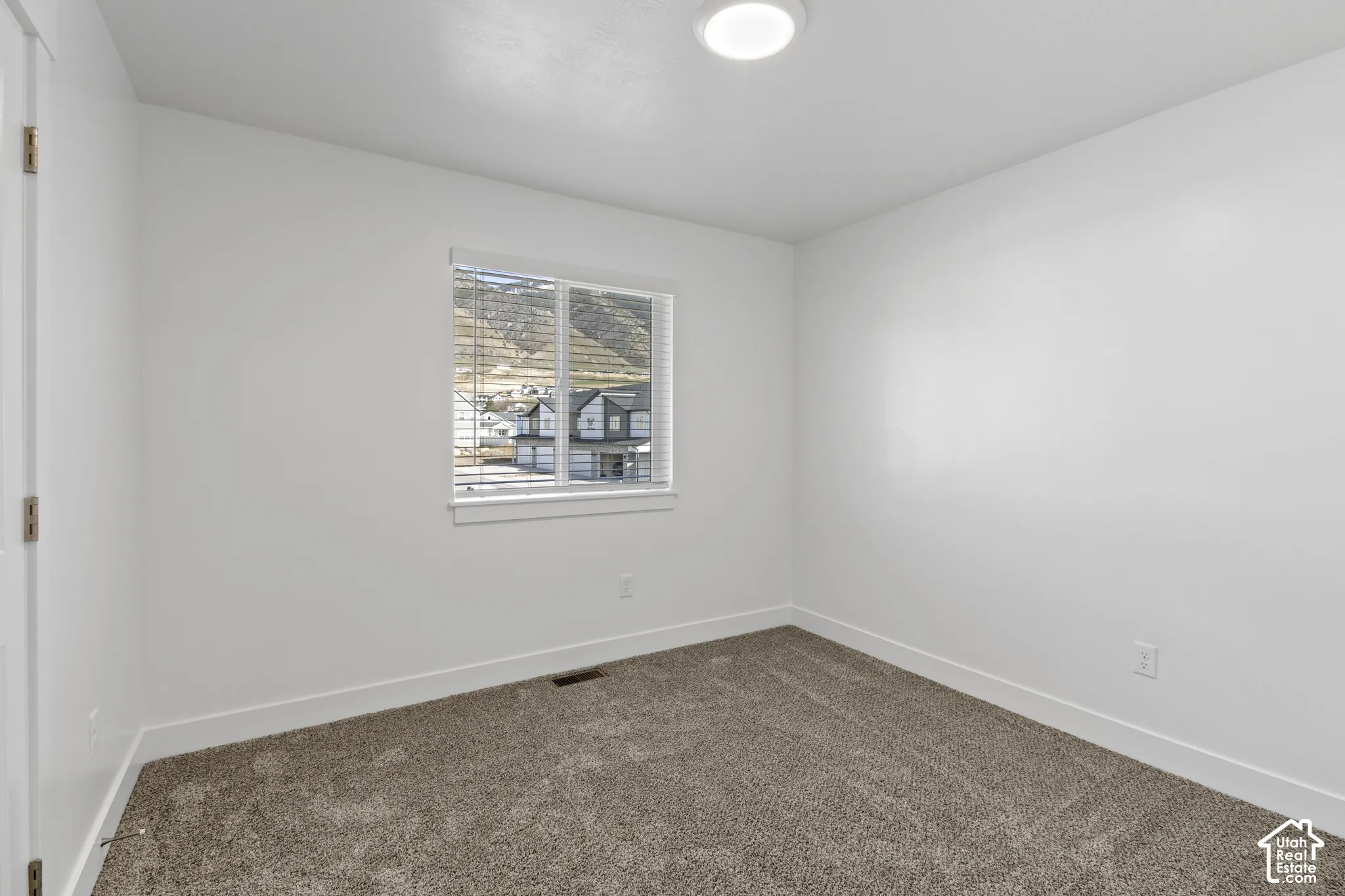 Neutral wall finishes, window with blinds, recessed ceiling light, and carpeted flooring
