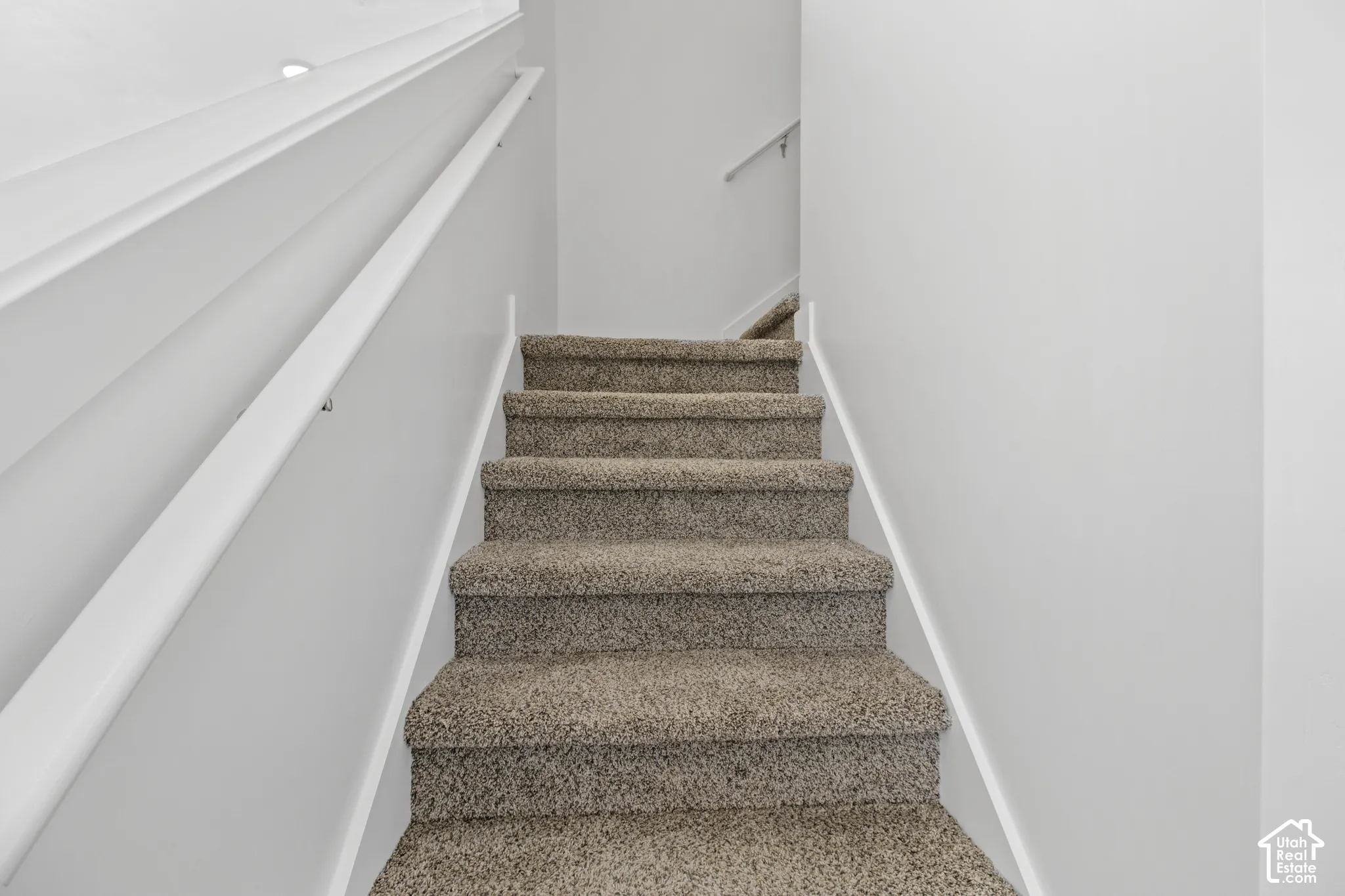 Carpeted staircase with white handrails