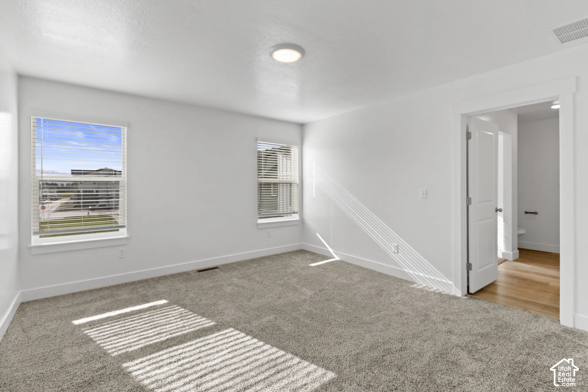 Carpeted room with white walls, two windows with blinds, and a flush mount ceiling light
