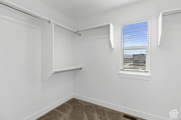 White walls with carpet flooring, featuring a window with horizontal blinds