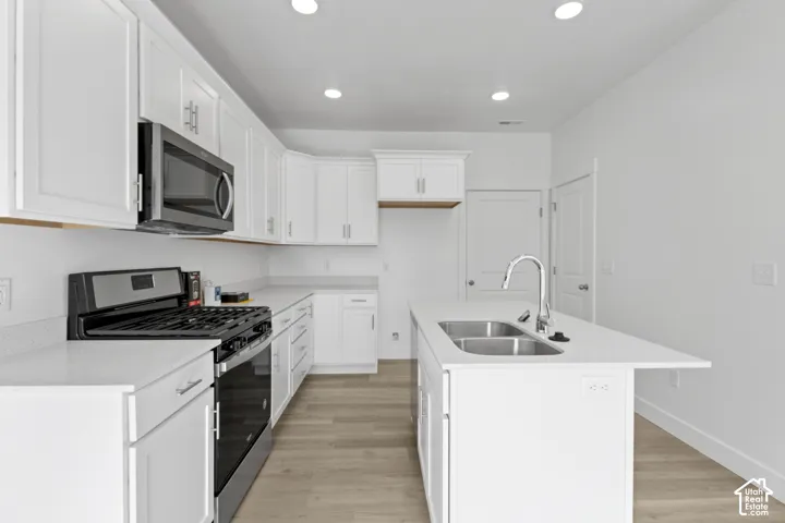 White cabinetry paired with light countertops, a stainless steel double basin sink, recessed lighting, and wood-finish flooring