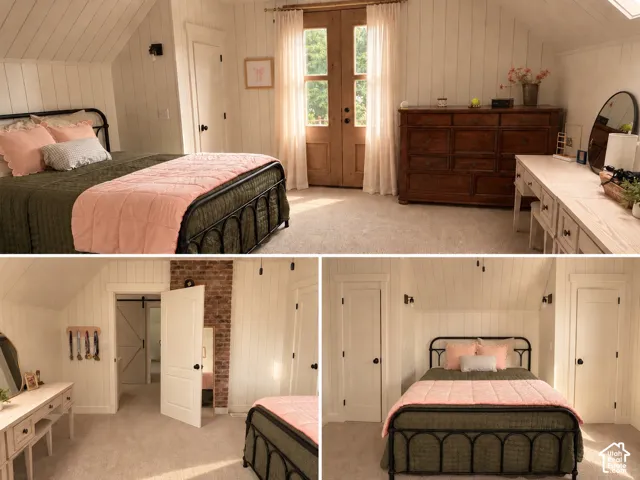 Sloped ceiling with white shiplap paneling, fan, light carpet flooring, double wood doors, exposed brick accent with potential for wood stove.
