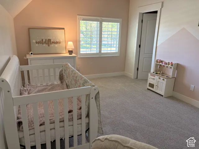 Window with plantation shutters, light-colored walls, broad white trim, and plush carpeting