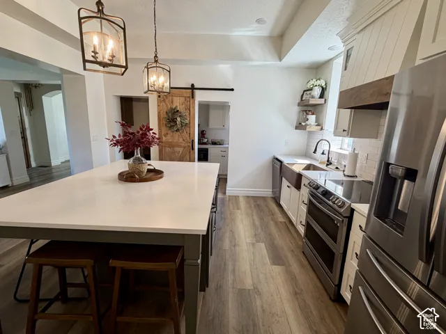 Expansive kitchen island with a light-toned countertop, wood-finish flooring, and stainless steel appliances