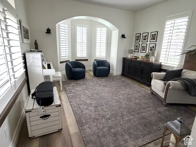 Archway entry to a bright space featuring multiple windows with plantation shutters and wood-finish flooring