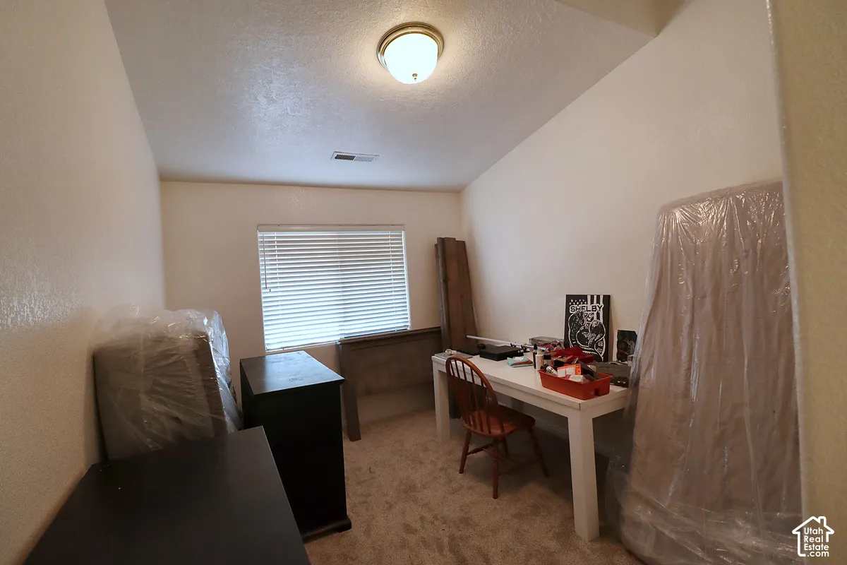 Carpeted room with a window featuring blinds, a sloped ceiling, and a flush-mount light fixture
