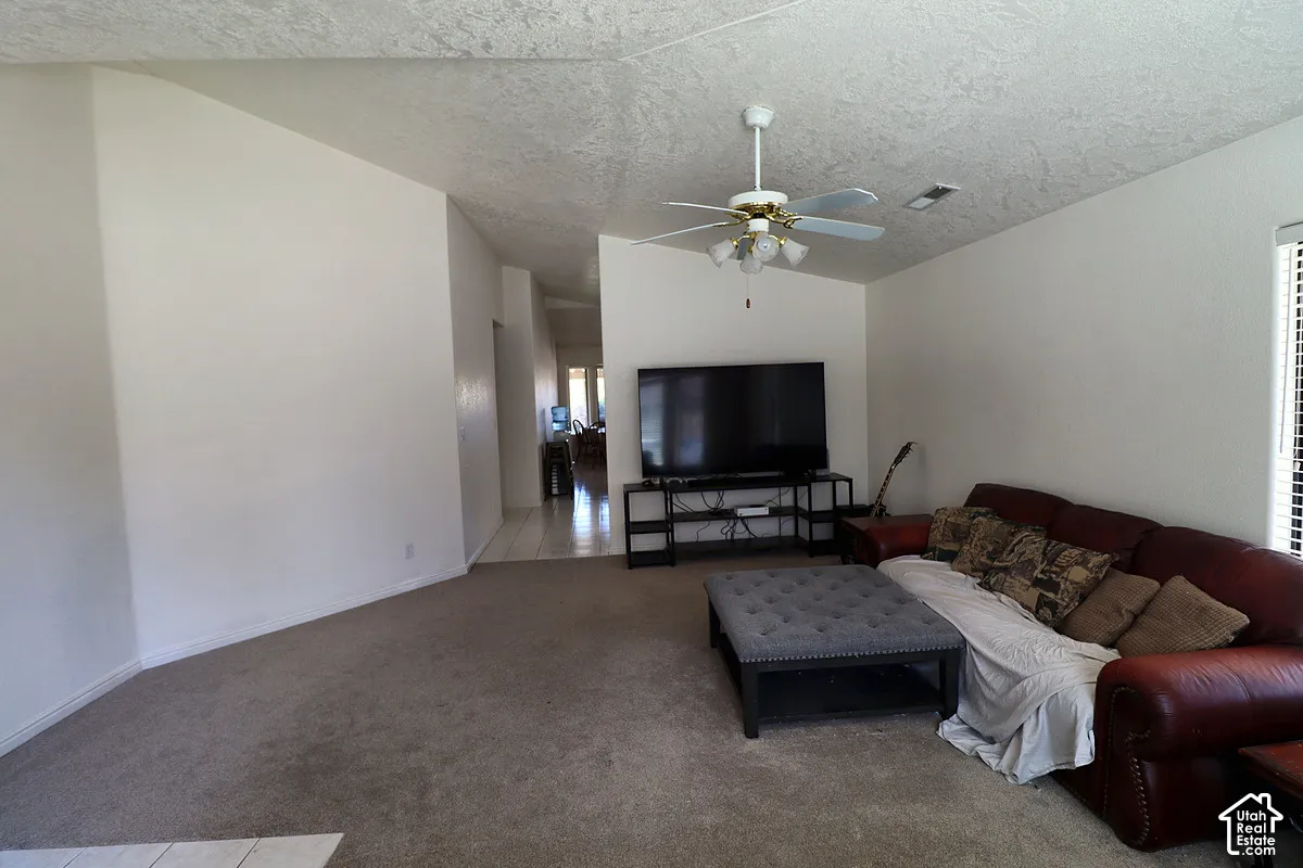 Carpeted living area with a ceiling fan light fixture and window with blinds