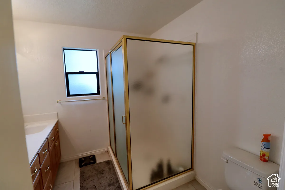 Shower enclosure with frosted glass panels, single window, and a vanity with an integrated sink