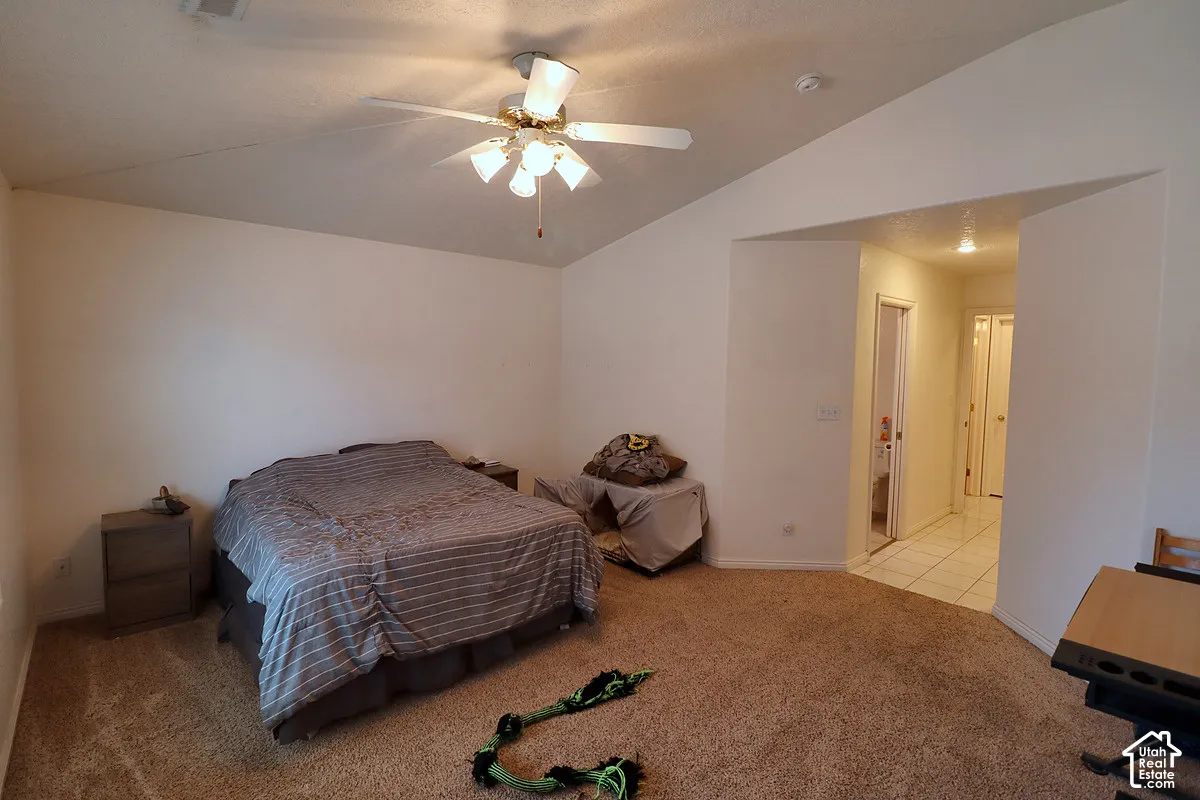 Vaulted ceiling with a ceiling fan, plush carpeting, and an arched doorway leading to a tiled hallway