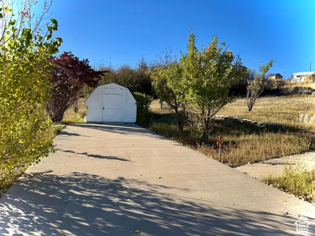 Concrete driveway leading to a white shed on lot 160