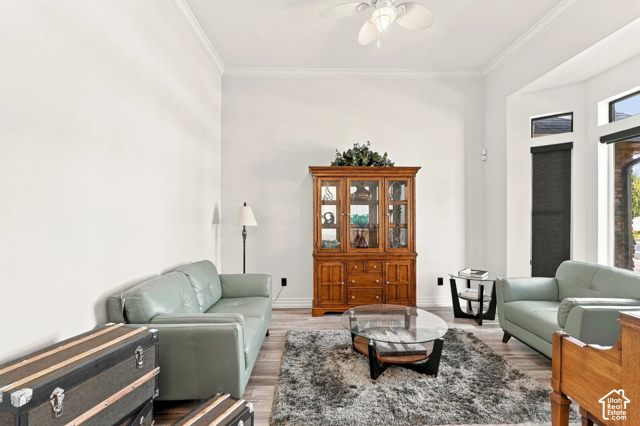 Crown molding with white paint, wood-finish flooring, ceiling fan, and bay windows