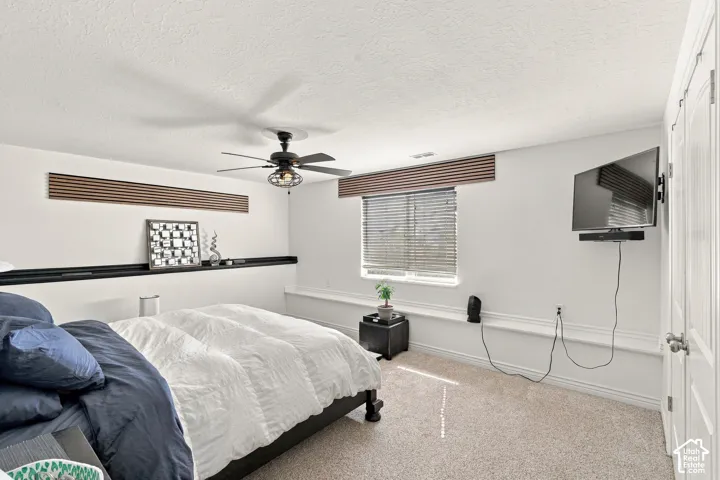 Wall-to-wall carpeting and a ceiling fan with integrated lighting