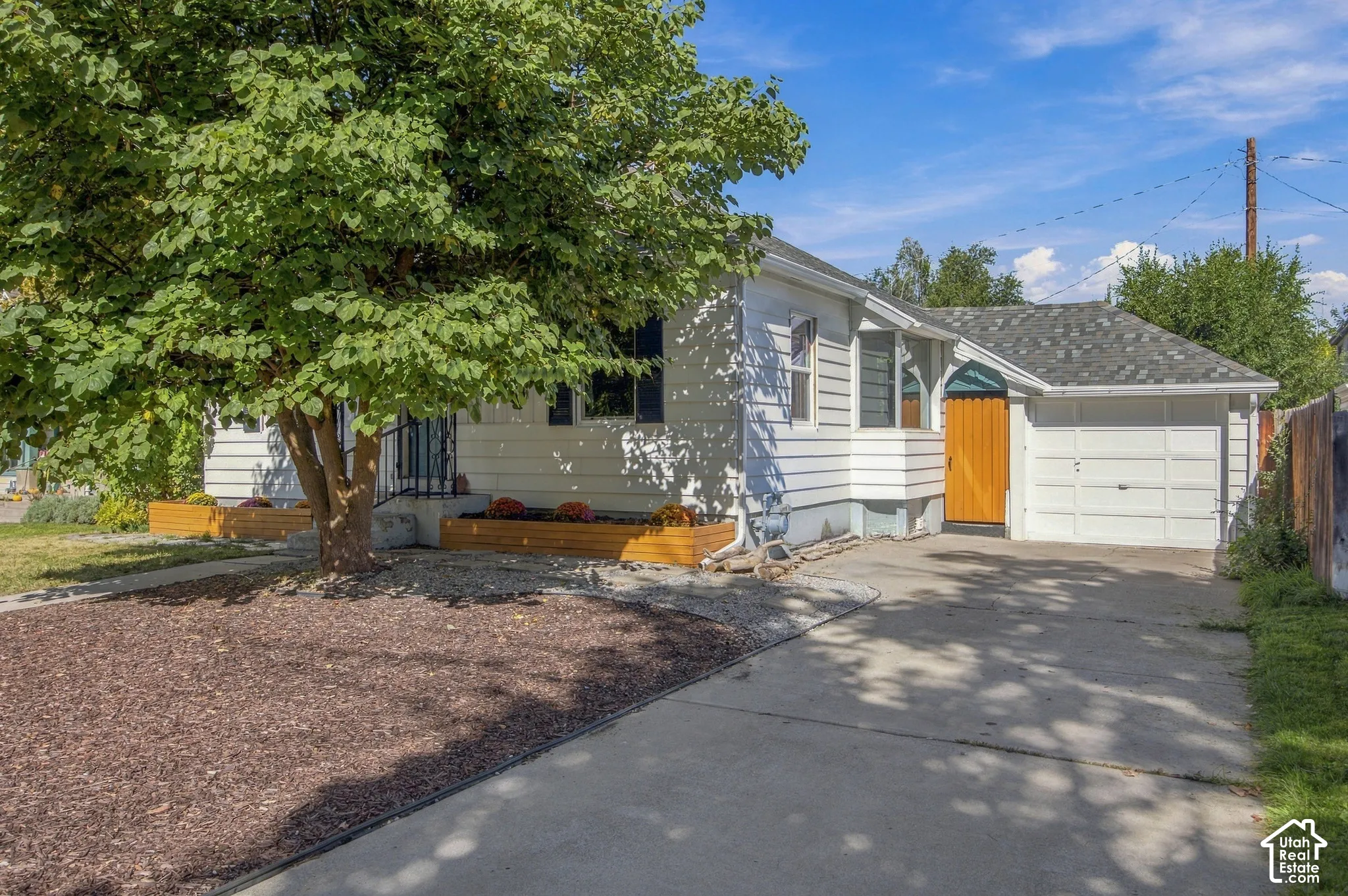 Exterior featuring white siding, a prominent shade tree, a concrete driveway, an attached garage, and decorative wooden planters