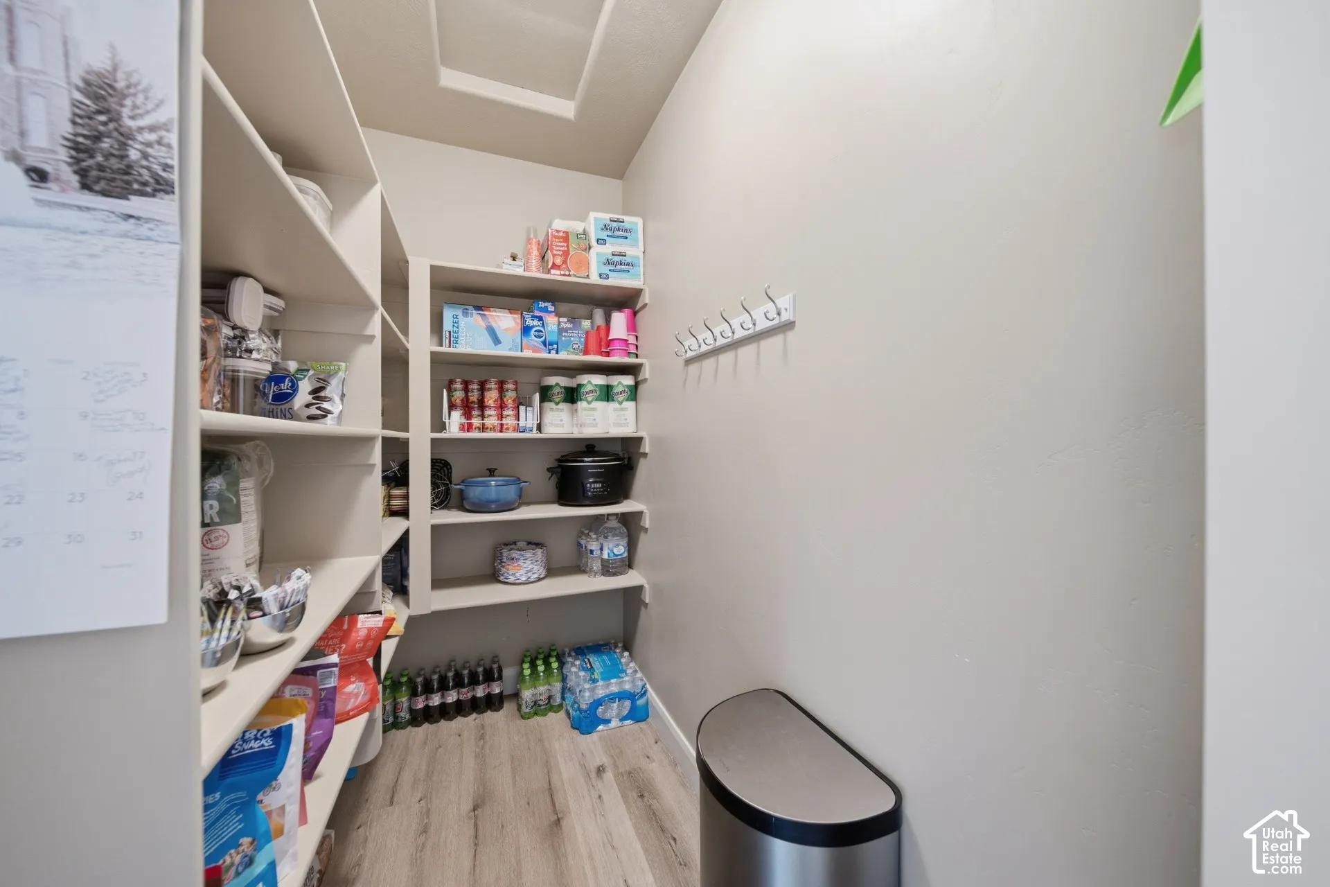 Custom built-in shelving, wood-finish flooring, and a ceiling light fixture