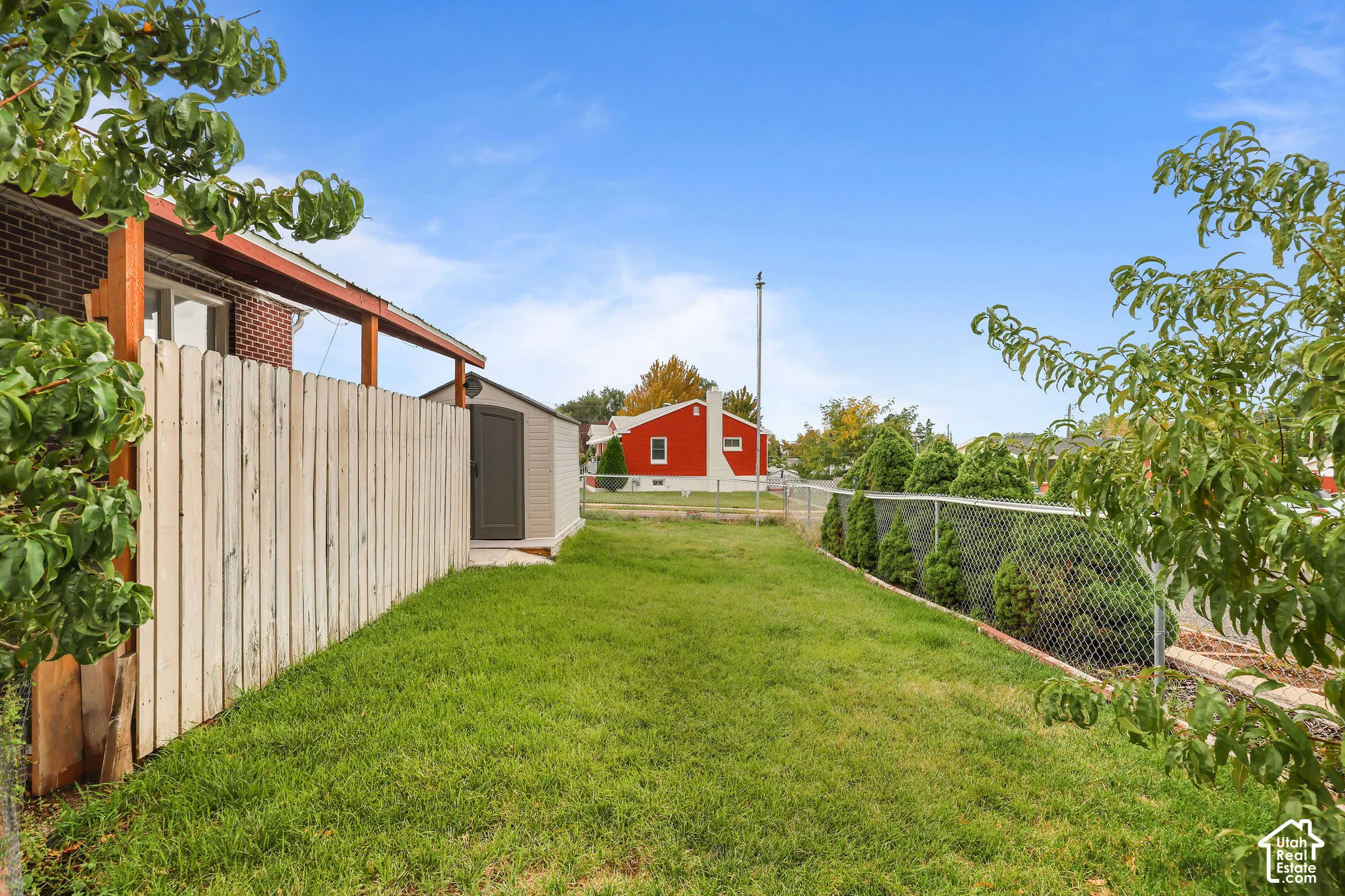 Expansive grassy yard with a privacy fence, chain-link fencing, and mature trees