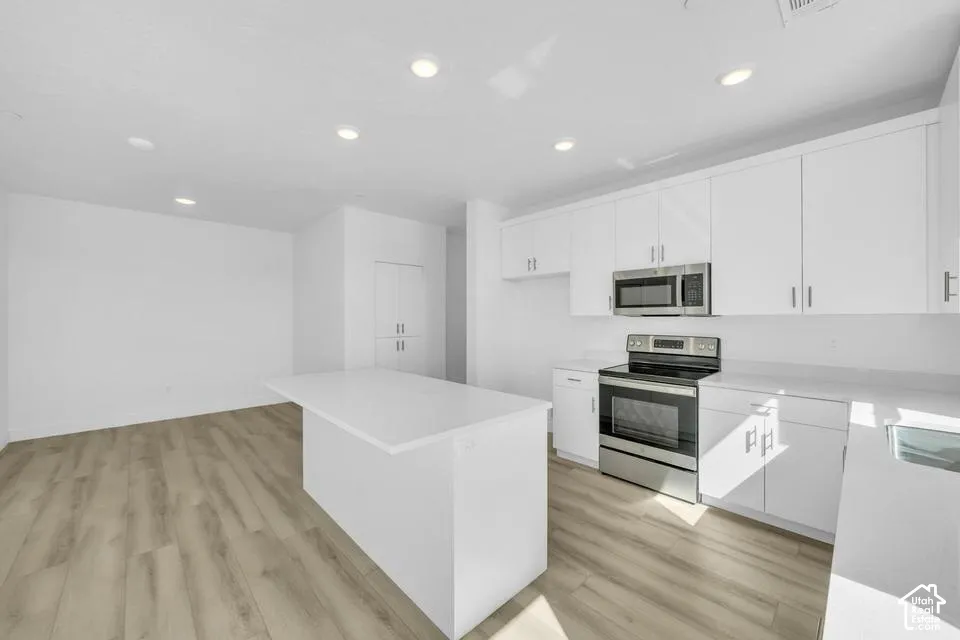 Modern kitchen featuring white cabinetry, stainless steel appliances, a center island, and recessed lighting