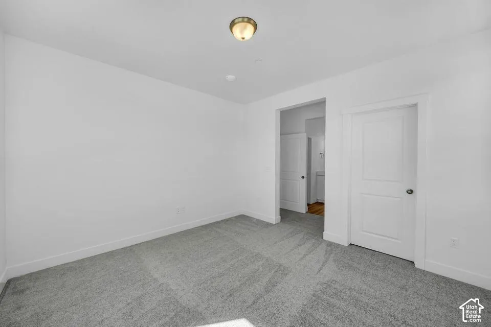 Neutral wall paint, ceiling-mounted light fixture, light grey carpet flooring, white trim, and white paneled doors