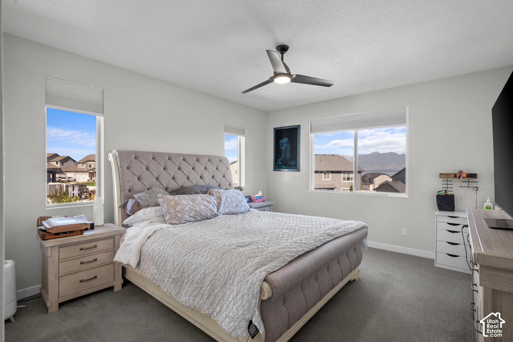 Light gray walls, three windows with roller shades, and a ceiling fan with integrated lighting