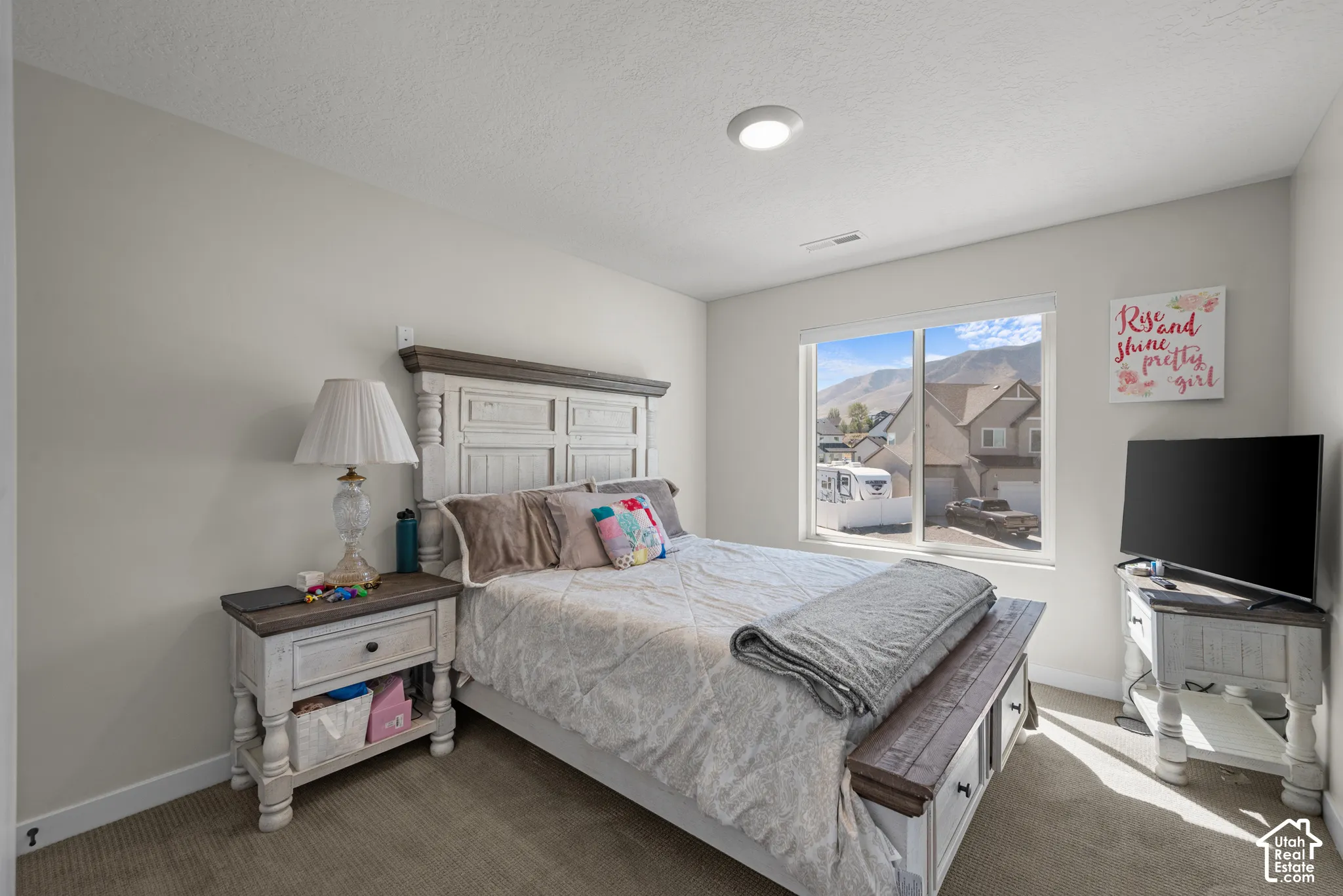 Recessed ceiling light fixture, carpeted flooring, large window with mountain scenery, and light-toned wall paint