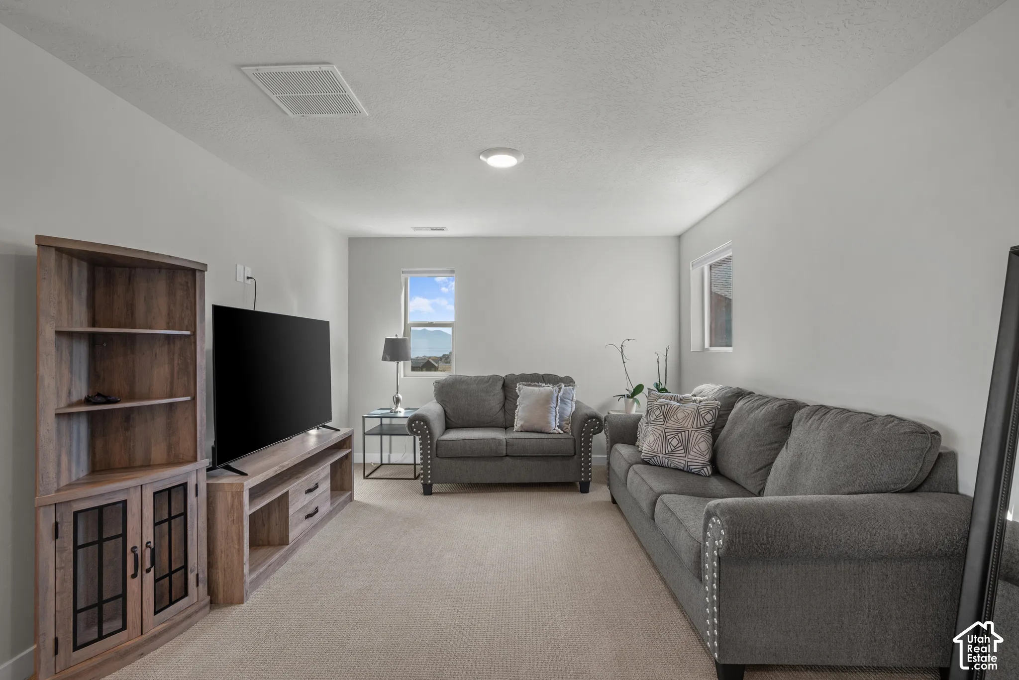Recessed ceiling lighting, multiple windows, light-toned carpeting, and neutral wall tones