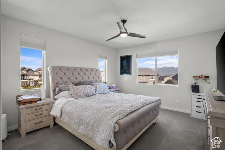 Light gray walls, three windows with roller shades, and a ceiling fan with integrated lighting