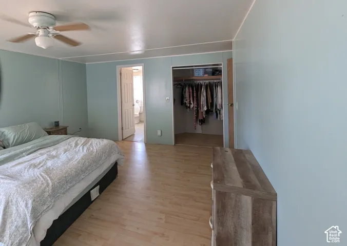 Light-toned wood-finish flooring, ceiling fan with light fixture, and an open closet space.