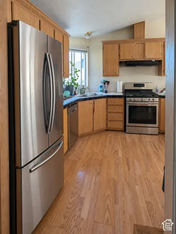 Kitchen featuring wood-finish flooring, stainless steel appliances, wood cabinetry, built-in range hood, and a window above the sink