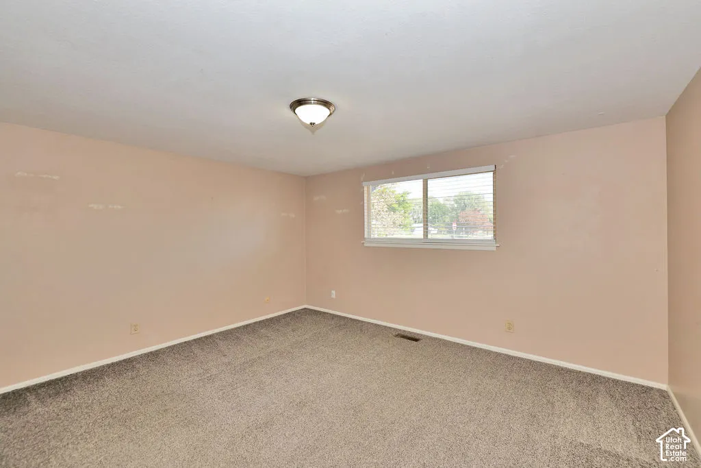 Recessed window with blinds, wall-mounted ceiling light fixture, and neutral carpeting