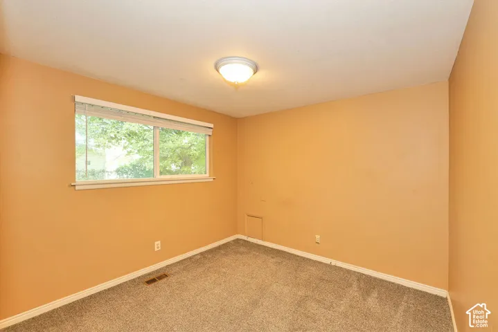 Neutral-toned carpet flooring, a large window with blinds, and an overhead dome light fixture