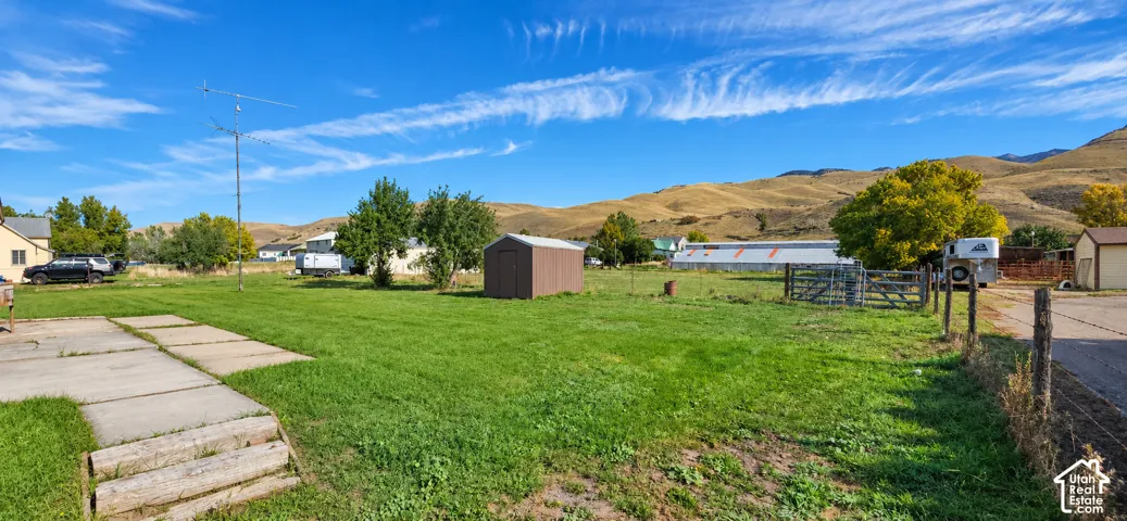 Expansive grass lawn with mature trees and mountain scenery