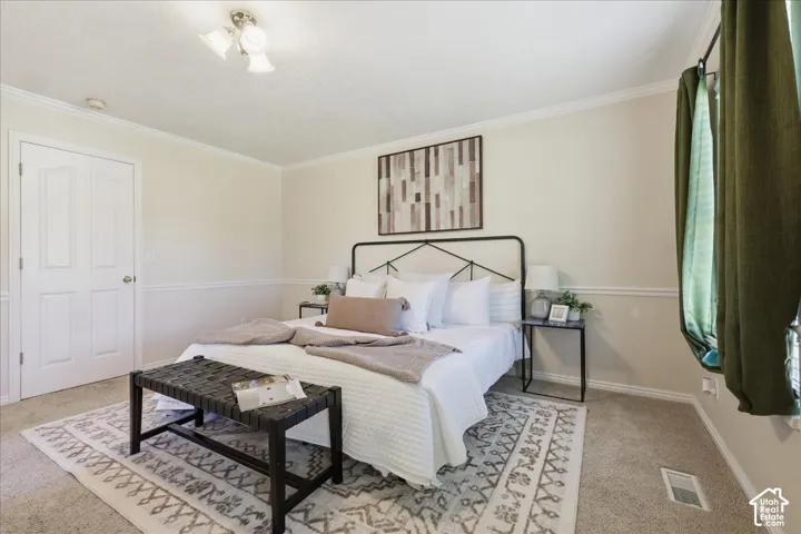 Neutral-toned interior featuring wall-mounted crown molding, white painted trim, chair rail detailing, neutral carpeting, and a flush-mount overhead light fixture