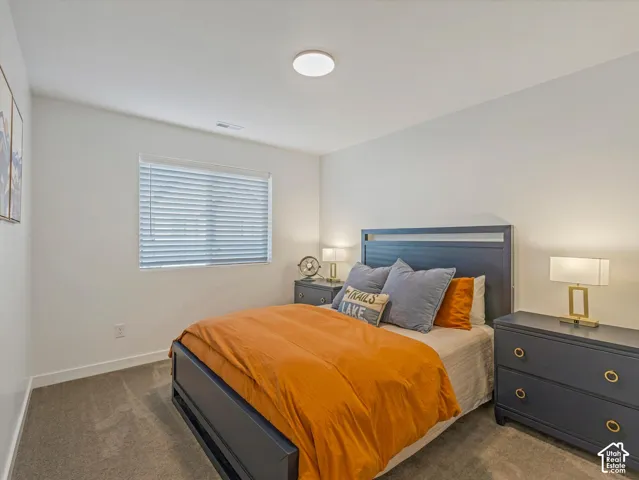 Neutral wall color, window with horizontal blinds, flush mount ceiling light, and carpeted flooring