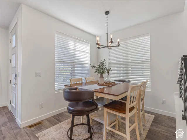 Open-concept dining area featuring a contemporary chandelier, large windows with blinds, and wood-finish flooring