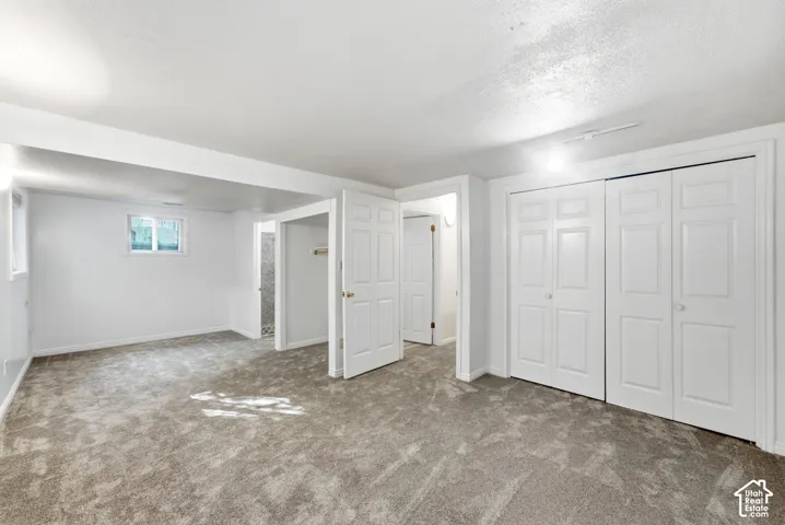 Recessed window, neutral-tone carpet, white walls, white paneled doors, and ceiling-mounted lighting
