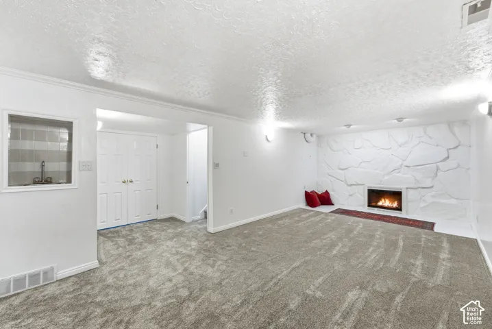 Expansive carpeted area featuring a stone fireplace with hearth, built-in shelving, and bifold doors
