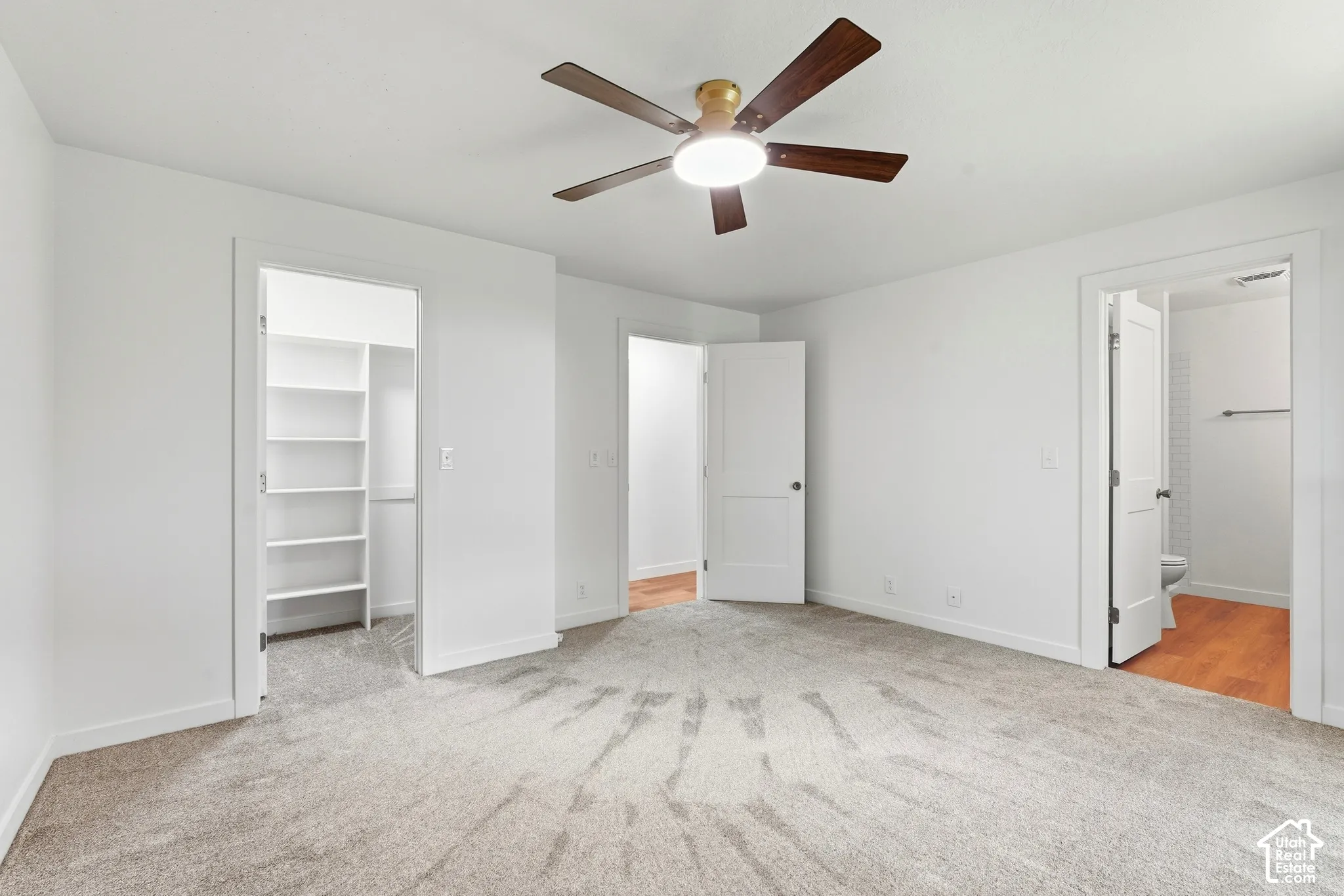 Primary Plush carpeting throughout, a ceiling fan with integrated lighting, and a built-in closet organization system